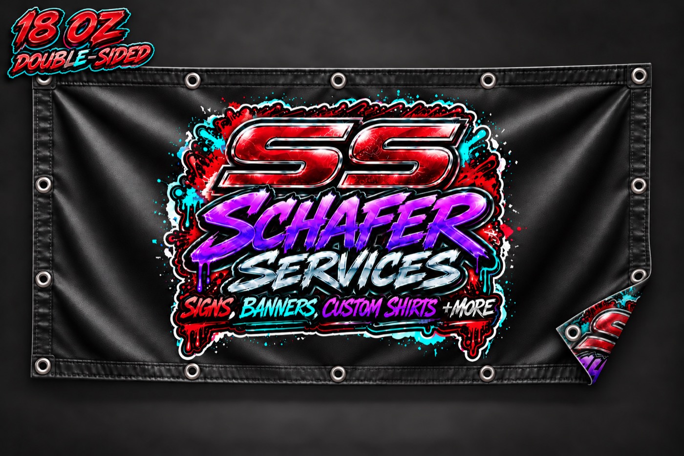 Double-sided 18 oz banner, corner peeled to show the back